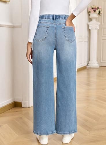 BLENCOT Women's Maternity Jeans High Waisted Stretchy Straight Leg Baggy Drawstring Denim Work Pants Mist Blue X-Large - Thumbnail 4