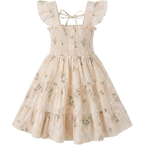 HONGTEYA Toddler Girl Dress Ruffle Sleeveless Princess Dresses, Summer Dress Beach Sundress (US, Age, 2 Years, 3 Years, Beige Flower) - Image 1