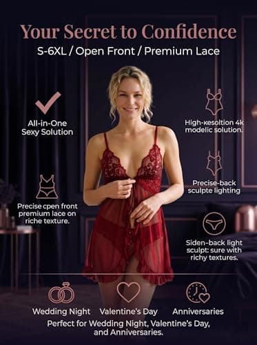 AOOXOOA Women's Babydoll Lingerie Set with G-String, Wine Red, L - Thumbnail 6