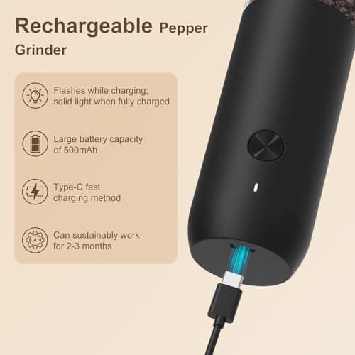Ultrean Pepper Grinder, Rechargeable Salt and Pepper Grinder with 6 Adjustable Coarseness, LED Light, Automatic Grinder for Kitchen, Home and Kitchen Appliances Birthday Gifts for Women, Black - Thumbnail 4