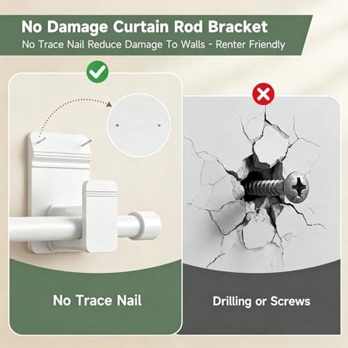 EKOTTOK No Drill Curtain Rod Brackets for 5/8" Rod, Heavy Duty 30LB+, Adhesive & Invisible Nail Curtain Rod Holders, Damage-Free Wall Mount Hooks for Bathroom, Kitchen, Bedroom (8PC, White) - Thumbnail 4