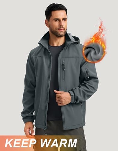 Pudolla Men's Softshell Jacket Fleece Lined Water Resistant Hooded Winter Coats for Men Outdoor Work Hiking with Pockets(Deep Grey Small) - Thumbnail 4