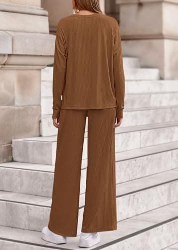 KIRUNDO Spring 2 Piece Lounge Sets for Women Long Sleeve Ribbed Knit Tops Wide Leg Pants Matching Travel Outfits Postpartum(Caramel, Small) - Thumbnail 2
