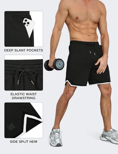 3rd hill Mens Athletic Sweat Shorts Casual Stretch Elastic Waist Waffle Workout Gym Shorts 7" Inseam Running Basketball Short with Pockets Black Medium - Thumbnail 5