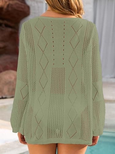 VIAURBE Women Bathing Suit Cover Ups Long Sleeve Sexy Crochet Beach Cover Up Knit Summer Swimsuit Coverup Cut Out Mini Dress Light Green 2XL - Thumbnail 6