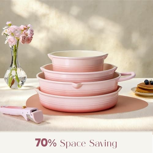 CAROTE 20Pcs Titanium Cookware Set, Pots and Pans Set Non Stick, Kitchen Cooking Set with Detachable Handle, Non Toxic Induction Cookware, Dishwasher/Oven Safe Pink - Thumbnail 5