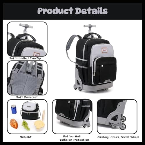 BAMIFEI 18 Inch Black Rolling Backpack for Kids, Black Climb Stairs Rolling Backpack Carry On Wheeled School Backpack, Spacious Multiple Compartments Quiet Wheels Travel Backpack for Boys - Thumbnail 3