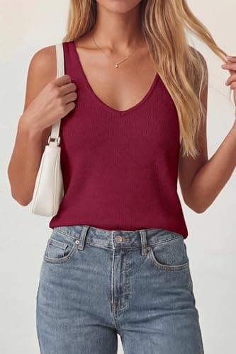 PRETTYGARDEN Women Summer Tank Tops 2026 Basic Sleeveless V Neck Lightweight Knit Beach Vacation Clothes Going Out Top(Burgundy,XX-Large) - Thumbnail 4