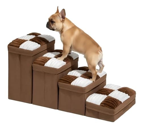FUNNYFUZZY Dog Stairs for Small Dogs - 4 Steps Chessboard Plaid Handcrafted Dog Stairs with Storage - Multifunctional and Foldable, Brown - Image 1