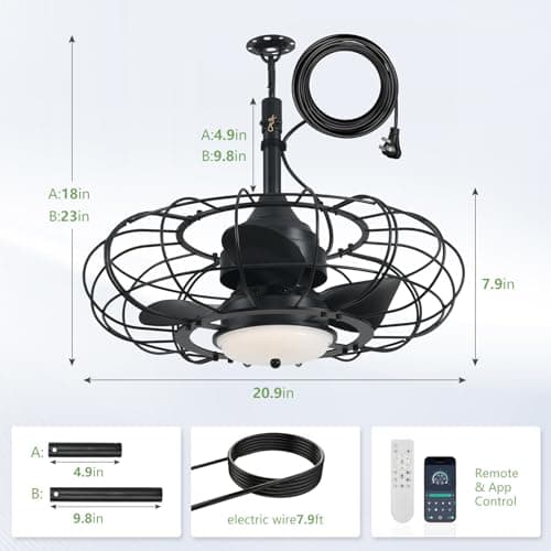 AHAWILL Outdoor Ceiling Fan with Light,20in Gazebo Fan with Remote and APP, 6 Speed,Dimmable 3 Color,IP65 Waterproof Cage Fan for Patio,Porch, Pergola,Canopy,Black - Thumbnail 2
