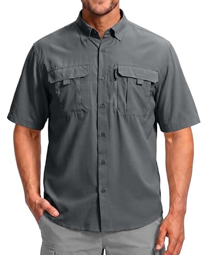 BETBO Men's Short Sleeves Fishing Shirts Button Down Summer Travel Work Shirts with Zipper Pockets(Dark Grey, Small) - Image 1