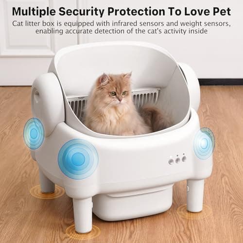 Self Cleaning Litter Box,Open Top Automatic Litter Box with App Control for Multiple Cats, Safety Sensors Protection, Odor Control Includes 2 roll Liners,Large Waste Bin, Cream White - Thumbnail 4