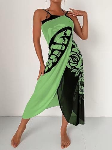 Women Butterfly Floral Beach Cover Up Dress Backless Sarong Wrap Adjustable Strap Swimsuit Coverup (Green, S) - Thumbnail 3