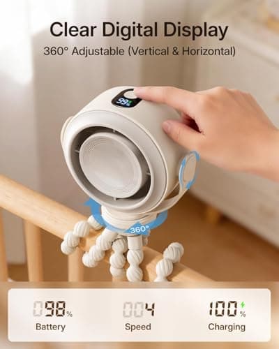 SWEETFULL Portable Stroller Fan, Pinch-Proof Baby Fan, 5-Speed Quiet Mini Clip on Fan, USB-C Rechargeable Battery, LED Display for Car Seat, Crib & Travel - Cream - Thumbnail 5