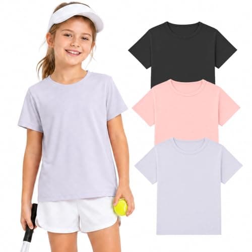 Wenlia Girls Athletic Shirts Short Sleeve Sports Tee Multi-Pack Summer Soft Activewear Tops, Black/Pink/Purple, 7-8 Years, 130 - Image 1
