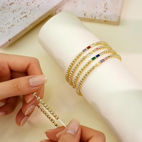 Fohufo Small Birthday Gifts for Women - 14K Gold Plated Beaded Bracelet, Birthstone Bracelets for Women, Valentines Day Birthday Gifts for Woman, Lucky Gift - Thumbnail 6