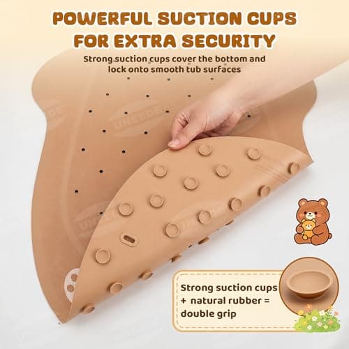 UNEEDE Kids Bathtub Mat Non Slip - Natural Rubber Baby Bath Mat for Tub, Cute Brown Bear Shape Toddler Bath Mat with 126 Suction Cups & 43 Drainage Holes, Soft & Machine Washable Bathroom Essentials - Thumbnail 2