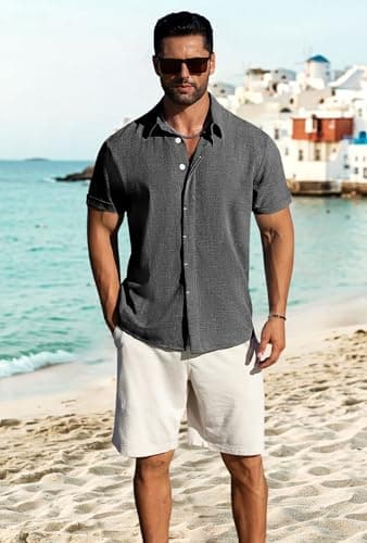 LETSEE Mens Hawaiian Shirt Beach Summer Short Sleeve Button Down Linen Casual Shirts Wedding Vacation Outfit, Dark Grey, 4X-Large - Thumbnail 2
