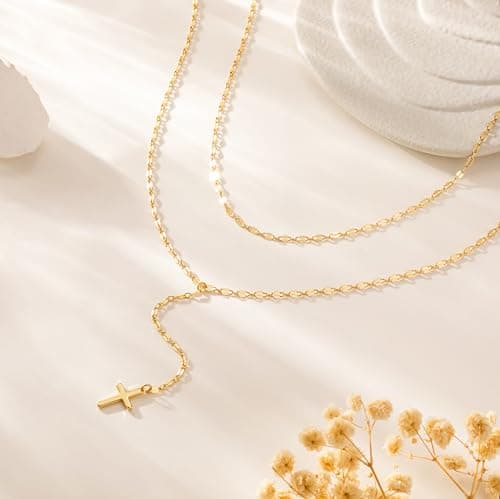 Moodear Layered Cross Necklace for Women - Trendy 14K Gold Plated Long Cross Pendant Lariat Y Lip Choker Chain Necklaces for Women Non Tarnish Religious Jewelry Gifts - Thumbnail 6