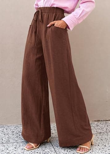 KIRUNDO Wide Leg Palazzo Pants for Women Summer High Waist Flowy Casual Trousers Lounge Pants Beach Vacation Travel Outfits (Brown, Large) - Thumbnail 3