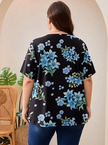 AusLook Plus Size Floral Tunic Tops for Women Pleated Babydoll Blouse Short Sleeve Round Neck Loose Fit Casual Flowy Black Blue Lily Bouquet 4X Tunic Shirts Summer Tops to Wear with Leggings - Thumbnail 6