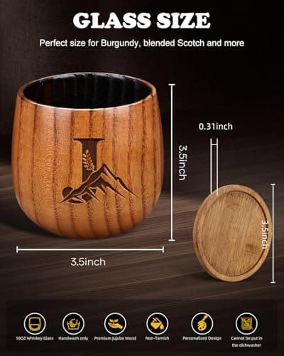 Birthday Gifts for Men Whiskey Glass, Bourbon Glass Gifts for Men Personalized Charred Wooden Bourbon Drinking Glass, Engraved Anniversary Groomsmen Gift for Men Dad Husband Him, Whiskey Tumbler Cup J - Thumbnail 2