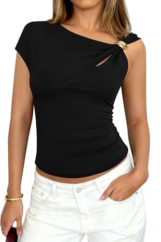 PRETTYGARDEN Womens Summer Tops 2026 One Shoulder Buckle Cut Out Asymmetrical Y2K T-Shirts Knit Spring Going Out Shirts(Black,Small) - Image 1