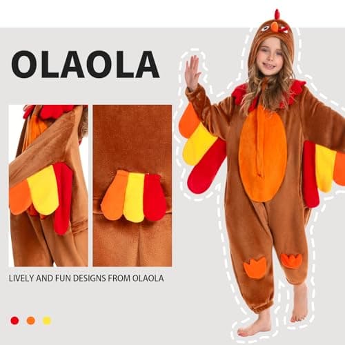 OLAOLA Turkey Kids Onesie, Thanksgiving Unisex Animal Onesies, Plush Cosplay Pajamas for Girls Boys, One Piece Sleepwear Halloween Costume - Thumbnail 3