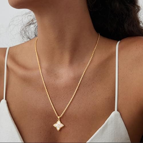Fettero Gold Clover Necklace for Women Dainty 14K Gold Plated CZ Pendant Necklace Charm Colorful Clover Pendant Lucky Necklaces for Women Jewelry - White Mother of Pearl - Thumbnail 3