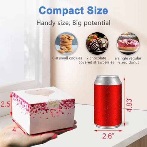 Shallive 50 Pcs 4-Inch Kids Valentines Cookie Boxes Heart, Bakery Treat Boxes for Valentines Day Gifting, To-go Containers for Cake Slice, Macarons, Donuts, Candy 4x4x2.5 - Thumbnail 4