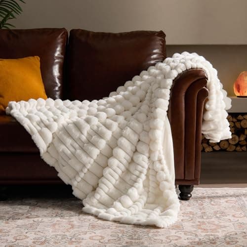 BEDELITE Faux Fur Cream Throw Blanket for Couch - Super Soft & Cozy Plush Striped Blanket for Sofa and Room Decor, Luxury Fluffy All-Season Blankets Gift for Women, Men, Mom, Dad, 50x60 inch, Cream - Image 1