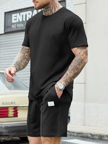 JEMLDL Men's Black 2 Piece Loungewear Set Short Sleeve T-Shirt & Shorts Summer Outfits Casual Comfortable Clothes for Vacation Travel L - Thumbnail 5