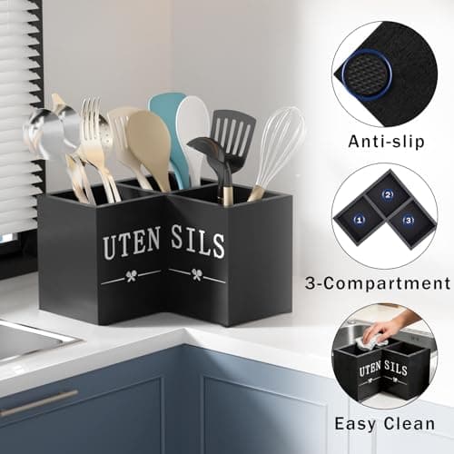 Natheeph Utensil Holder, Kitchen Utensil Holder for Counter, Extra Large Utensil Holder w/ 3-Compartment, Farmhouse Black Utensil Holder with Well-made Wood for Corner Organizer, Housewarming Gift - Thumbnail 3