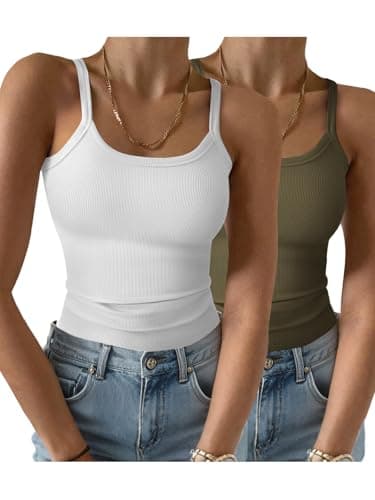 GKBK 2 Pack Womens Sleeveless Tank Top Form Fitting Spaghetti Strap Scoop Neck Ribbed Knit Workout Lounge Basic Slim Fitted Crop Summer 2026 Cami Layering Casual Shirts White Army Green XS - Image 1