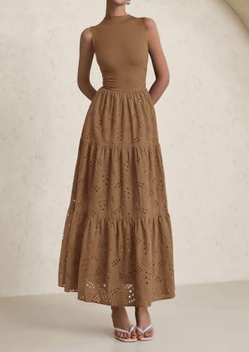 PRETTYGARDEN Summer Dresses for Women 2026 Casual Eyelet Sleeveless Wedding Guest Maxi Dress Tank Top Sundress with Pockets (Khaki,Large) - Thumbnail 3