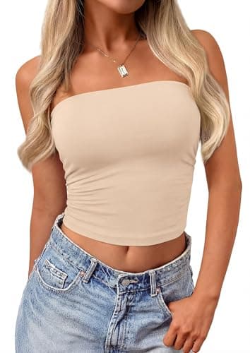 PRETTYGARDEN Women Tube Tops Strapless Going Out Top 2026 Spring Fashion Y2K Summer Bandeau Shirt Beach Vacation Clothes (Beige,X-Large) - Image 1