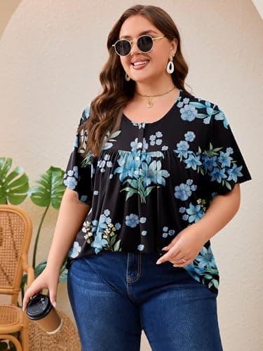 AusLook Plus Size Floral Tunic Tops for Women Pleated Babydoll Blouse Short Sleeve Round Neck Loose Fit Casual Flowy Black Blue Lily Bouquet 4X Tunic Shirts Summer Tops to Wear with Leggings - Thumbnail 2