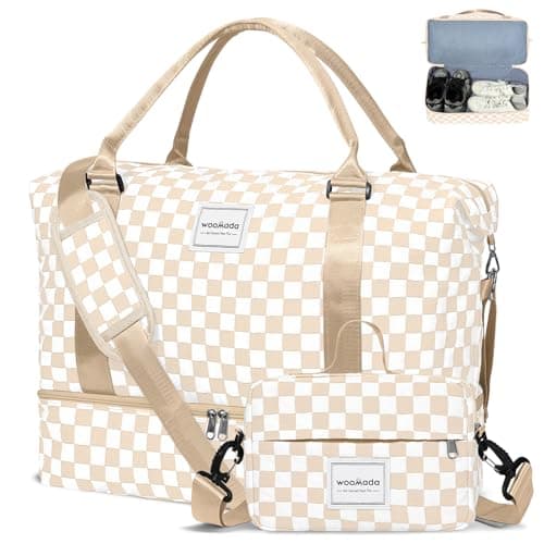WOOMADA Weekender Overnight Bag for Women, Shoulder Travel Duffel with Shoes Compartment,Gym Bag with Toiletry Bag Large Size(Beige Checkerboard)