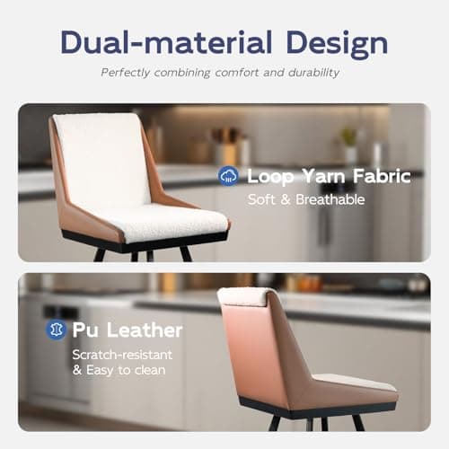Ollega Bar Stools Set of 2, 26" Counter Height Bar Stools, Upholstered Swivel Barstools with Backs, Loop Yarn Fabric&Pu Leather, Metal Legs for Kitchen Island, Beige&Brown - Thumbnail 5