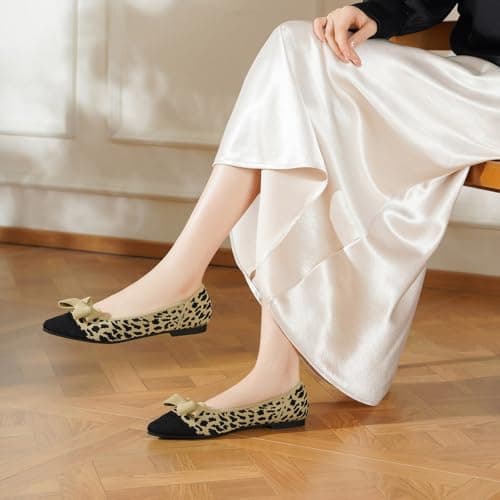 AHZEHRSE Flats Shoes Women Dressy Comfortable Work Shoes Leopard Print Flats Dress Shoes Breathable Mesh Flats Classic Pointed Toe Flats Knit Ballet Flats with Bow - Thumbnail 2