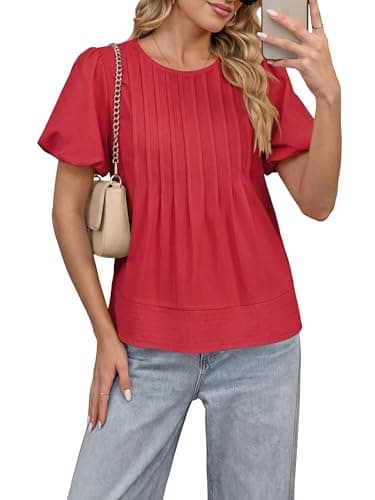 Funlingo Womens Puff Short Sleeve Babydoll Tops Summer Crew Neck Pleated Blouses Casual Loose Fit Flowy Swing Shirts 2026 Red L - Thumbnail 2