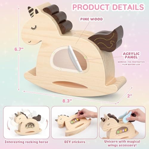 Summidate Unicorn Piggy Bank for Kids Girls,Wooden Rocking Horse Money Banks for Toddlers,Unbreakable Wood Coin Saving Box, Personalized Present Toys for Child Birthday & Decor (Naturl, Standard) - Thumbnail 2
