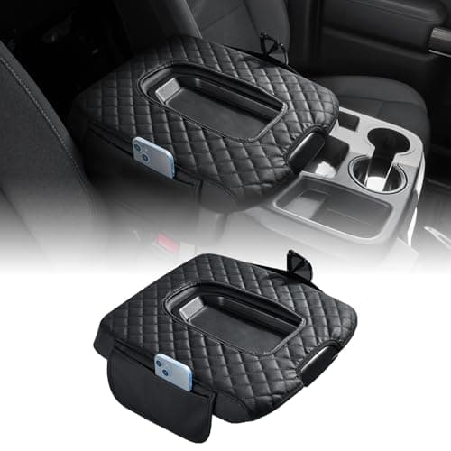 JOYTUTUS Center Console Cover Compatible with 2019-2025 2026 Silverado Sierra Jump Seat, Leather Arm Rest Armrest Cover for Car, Durable Middle Console Cover Replacement for Trucks, with 2 Pockets