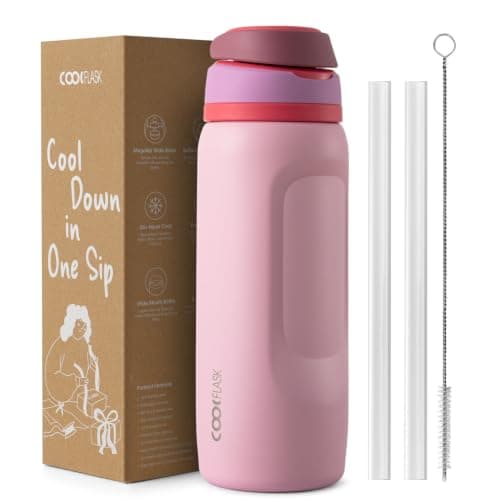 Coolflask MegaSip Insulated Water Bottle with Straw, Stainless Steel Water Bottles Leak-Proof, 24+ Hours Cold, BPA-Free Dishwasher Safe, Water Flask for Sports Gym Work Office 32 oz, Blush Pink - Image 1
