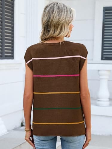 Bellcoco Womens Cap Sleeve Summer Tops Striped Sweater Vest Lightweight Casual Crewneck Loose Knit Pullover Tank Top Beach Vacation Outfits Coffee XL - Thumbnail 4