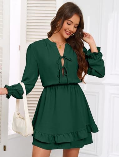 Angashion Women's 2026 Fall Casual Long Sleeve Mini Dress Self Tie V Neck Layer Ruffle Hem Dresses with Pockets Dark Dreen Large - Thumbnail 4