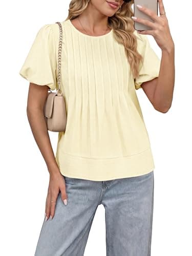 Funlingo Womens Summer Babydoll Tops Short Puff Sleeve Blouses Casual Loose Fit Flowy Crew Neck Pleated Shirts Fashion Clothing Beige XL - Thumbnail 2