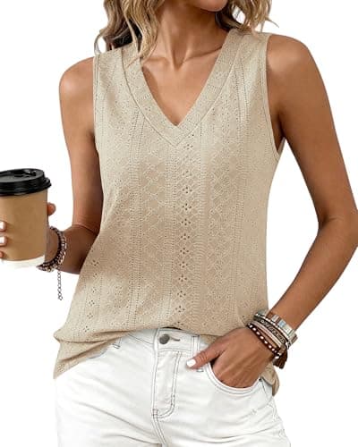 BTFBM Womens Tank Tops 2026 Summer Eyelet Crossed V Neck Sleeveless Casual Loose Flit Basic Spring Top Vacation Outfits(Light Khaki, X-Large) - Image 1
