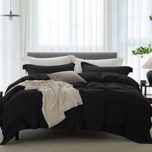 ELIMMO Cooling California King Duvet Cover Set 3 Pieces-100% Washed Cotton with Chic Wide Trim Design Linen Like Textured Ultra Soft Cozy Bedding-Zipper Closure(Hemmed Solid Black,Cal King 104"x98") - Image 1