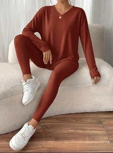 BTFBM Two Piece Sets for Women 2026 Casual Lounge Set Matching Oversized Shirts Leggings Workout Airport Travel Outfits(Brown, XX-Large) - Thumbnail 6